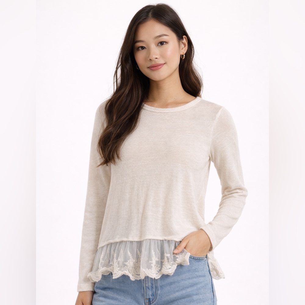 Soprano White Long Sleeve Top with Lace Hem